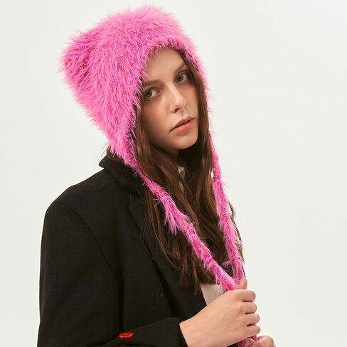 Winter Hat Cute Cat Ear Shape y2k Style Furry Knit Earflap Hat with Long Ear Straps Peruvian Cover Ear Beanie Hat in Saudi Arabia