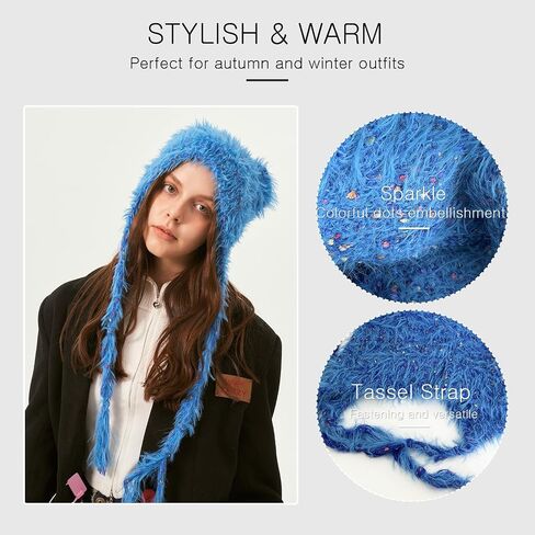 Winter Hat Cute Cat Ear Shape y2k Style Furry Knit Earflap Hat with Long Ear Straps Peruvian Cover Ear Beanie Hat in Saudi Arabia