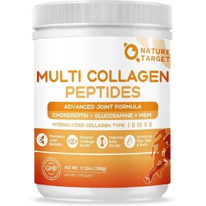 NATURE TARGET Multi-Collagen-Peptides-Powder for Joint Support, Hydrolyzed Collagen for Women Men with MSM + GC, Type I II III V X Collagen for Skin Hair & Nail, Non-GMO, 35 Servings