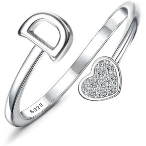 MILACOLATO 925 Sterling Silver Initial Rings for Women Teen Girl 18K Gold Plated Heart Letter Rings Adjustable Capital Letter Ring Stackable Thumb Pinky Rings for Mothers Daughter Birthday Valentine's Day Gifts Jewelry