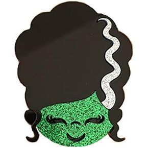 'Generic' Bride of Frankenstein Halloween Pin Brooch for Women and Girls, Glitter Green Face and Black Hair with White Stripe, Halloween Costume Accessory Jewelry, One and a Half Inches Tall