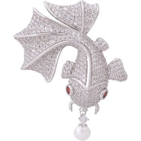 OBONNIE Women Cubic Zirconia Crystal 3D Goldfish Whale Pearl Brooch Pin Corsage Pendant Silver Tone