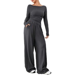 Women's 2 Piece Casual Outfits Long Sleeve Right Ruched Tops and Extra Long Loose Flared Pants With Pockets