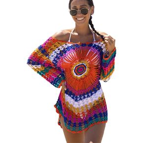 popvil Women Crochet Swimsuit Coverups Swimwear Long Sleeve Mesh Bathing Suit Knit Cover Ups Swim Beach Dress