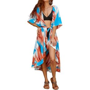 Eddoyee Long Open Front Print Bathing Suit Cover Ups for Women Sexy Beach Kimono Cardigans
