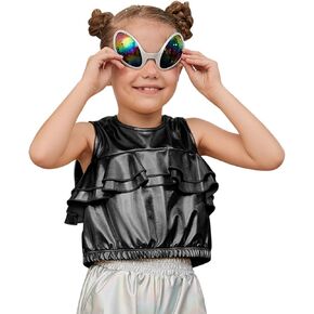 Perfashion Girls Metallic Tank Tops Shiny Ruffle Layered Crop Tops Dance Shirts with Alien Glasses 4-15 Years in Kuwait