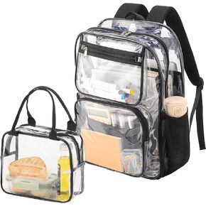 Heavy Duty Clear Backpack Lunch Bag Box Set for 8-Year-Olds - Practical and Stylish School Essentials(clear backpack & clear tote lunch bag-purple)