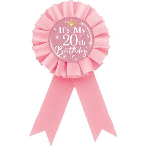 It's My 20th Birthday Tinplate Badge Pin, Crown Happy 20th Birthday Button Pin, Twenty Birthday Pink Rosette Award Ribbon Pin for Women, Brooch Buttons for 20 Years Old Birthday Party Decoration