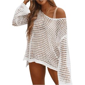 WDIRARA Women's Crochet Cover Up Cutout Drop Shoulder Long Sleeves Loose Cover Up Top