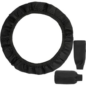 Round Steering Wheel Cover Gear Cover Handbrake Cover Universal Microfiber Leather Protector Non-Slip Breathable Cover (3 Pieces, Black)