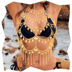 JEWEKY Layered Sequin Body Chain Gold Sparkly Tassel Chest Chain Bikini Beach Rave Club Body Jewelry for Women
