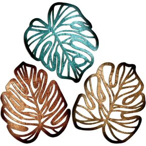Palm Leaves Wood Wall Decor, 3Pcs Tropical Wall Art Jungle Decor, Wooden Natural Leaves Plant Wall Decor, Vintage Tropical Plant Plaque for Home Living Room Kitchen Bedroom Bathroom & Garden, Green