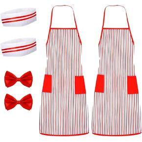 6pcs 1950s Waiter Costume Kit, Red White Striped Apron Chef Hat Red Bow Tie Candy Striper Costume Carnival Costume for Adult Halloween Christmas Cosplay Party