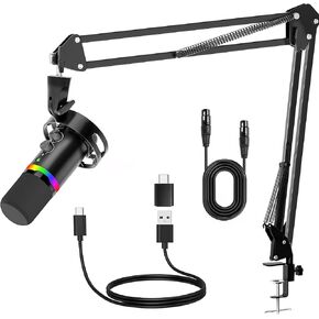 JUOPIEA XLR/USB Gaming Microphone, Dynamic Mic for Podcasting Streaming, PC Microphone with RGB Light, Mute Button, Headphone Jack and Desktop Stand for Recording, Vocal, Voice-Over