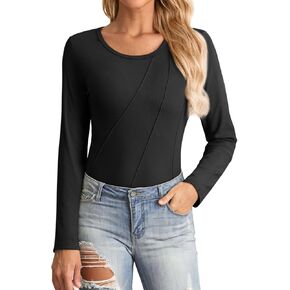 HWOKEFEIYU Women Long Sleeve Shirts Casual Tops Blouses Fashion Pleated Tunic Fall Clothes Crew Neck Slim Fitted 2024