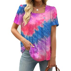 BEUFRI Sweatshirt for Women Summer Casual T Shirts Pleated Ruffle Short Sleeve Square Neck Oversized Tops