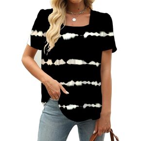 BEUFRI Sweatshirt for Women Summer Casual T Shirts Pleated Ruffle Short Sleeve Square Neck Oversized Tops
