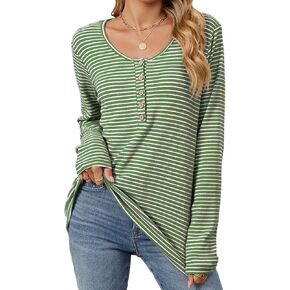 Women's Long Sleeve Henley Shirts Fall Scoop Neck Striped T Shirt Casual Button Down Basic Tunic Tops