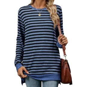 Women's Crewneck Striped Pullovers Color Block Long Sleeve Side Split Tunic Tops