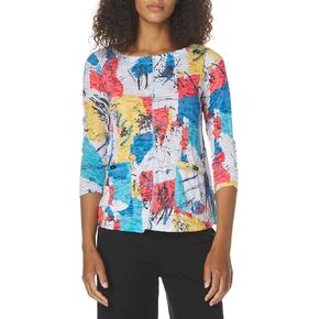 Ali Miles Women's Petite Printed Knit Tunic Three Quarters Sleeves with Two Front Patch Pockets with Button Details
