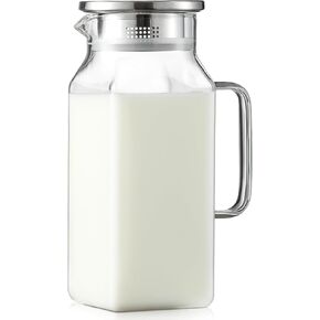 2 Quart (2 Liter 68 oz) Square Glass Pitcher with Lid and Spout, Water Pitchers with Handle for Fridge, Borosilicate Glass Carafe for Hot/Cold Drink, Large Jug for Iced Tea, Coffee,Juice,Milk,Beverage