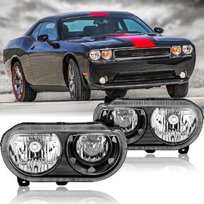 for 2008 2009 2010 2011 2012 2013 2014 Dodge Challenger Halogen Headlights Assembly Headlamps 08-14 Replacement Pair Left+Right,Black Housing Clear Corner