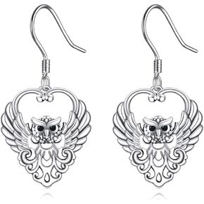 TIGER RIDER Owl 925 Sterling Silver Earrings Bird Heart Dangle Earrings Jewelry Gift for Women Men Birthday Christmas