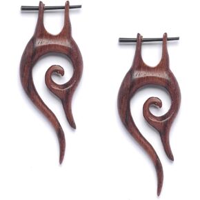 Wood Spiral Handmade Earrings - Wooden Dangle Earrings with Stick Posts - Tribal Brown Earrings for Women and Men - Boho Statement Earrings - Beach Jewellery