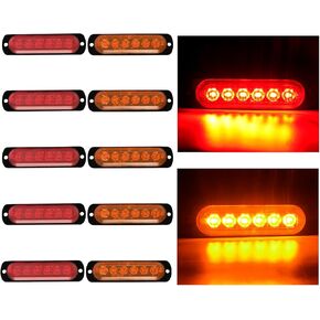 Led Clearance Light Side Marker Lights 10Pcs Red Amber 6LEDs DC 12V 24V IP68 Waterproof for Truck Boat Trailer RV Camper Surface Mount (5 Amber + 5 Red)