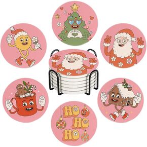 6 Pcs Drink Coasters with Holder, Winter Watercolor Cardinal Christmas Absorbent Round Ceramic Coaster for Tabletop Protection, Home Decor Coasters for Coffee Cup Beverage Coasters Wine Beer Bar
