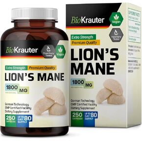 BIO KRAUTER Lions Mane Supplement Capsules 1800 mg - 250 Vegan Caps - Lion’s Mane Mushroom Supplement for Brain Support - Lions Mane Capsules - 3 Months Supply