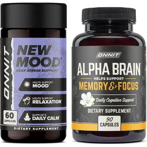 ONNIT Premium Alpha Brain Bundle - Nootropic Brain Supplement (90 Count) for Focus, Concentration & Memory + New Mood Supplement for Stress Relief, Sleep and Mood (60 Count)