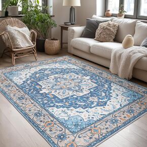 5x7 Area Rugs 5x7, Machine Washable Area Rugs, Super Soft Faux-Wool Area Rug for Living Room Bedroom, Boho Area Rug Vintage Floral Medallion, Non-Slip Low Pile, Kid & Pet Friendly, Blue Brown