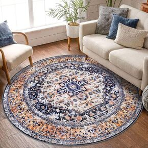 KOZYFLY Boho Round Rug 6 Ft Rugs for Entryway Washable Circle Rug Non Slip Round Doormat Navy Brown Printed Faux Wool Vintage Round Entryway Rug Floor Carpet Round for Entrance, Entryway, Bedroom