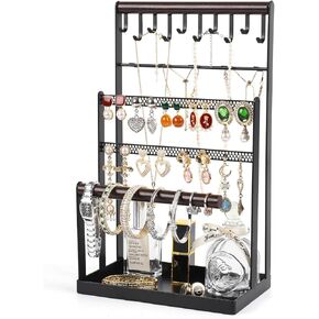 MngsunTan Jewelry HolderOrganizer Necklace holder, 6 Tier Jewelry Stand Necklace Organizer with 15 Hooks,Jewelry Box Earring Holder Organizer for Bracelets Earrings Rings - White