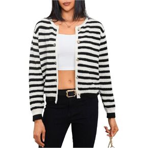 MakeMeChic Women's Cardigan Sweater Striped Button Down Shirt Knit Outerwear