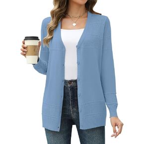 VVK Womens Long Sleeve V-Neck Cardigan Winter Knit Button Down Open Front Sweaters Oversized Ladies Outfits (Blue, XXL)