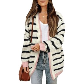 MakeMeChic Women's Striped Open Front Sweater Cardigan Long Sleeve Drop Shoulder Knitted Outerwear