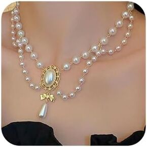 Women Bridal Vintage 1920s Imitation Pearl Necklace Layered Tassels Shiny Bow Choker Necklace Fashion Simple Necklaces for Women