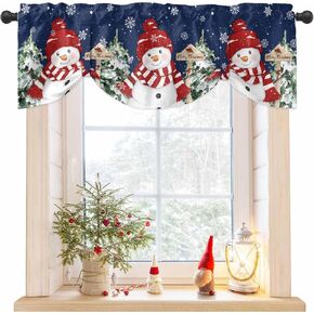 Navy Blue Red Snowman Christmas Tie Up Valance Curtains for Windows, Xmas Snowflake Kitchen Curtains Window Treatments, Botanical Tree Short Window Shades Valances for Bedroom Cafe 54"x18"