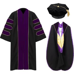 Unisex Deluxe Doctoral Graduation Gown and Doctoral Hood 8-Sided Tam Package for Academic Regalia
