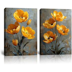 HJL Art Flower Canvas Wall Art Prints Yellow Floral prints Wall Art Botanical Floral Oill Painting Canvas Picture Flower Posters Framed for Living Room Bedroom Office Home (12''W x 16''H x2)
