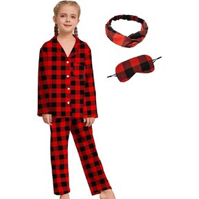 Girl Pajamas Set Long Sleeve kids Button Down Sleepwear with Eye Mask, Hairband