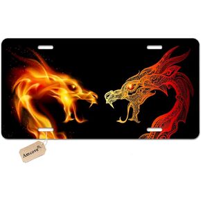 License Plate Two Dragon Heads in Fire Decorative Car Front License Plate,Vanity Tag,Metal Car Plate,Aluminum Novelty License Plate for Men/Women Car,6 X 12 Inch