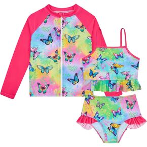Funnycokid Toddler Girls Swimsuit Bathing Suit Ruffle Rash Guard Swimwear Long Sleeve 3 Piece Tankini 3-7 Years