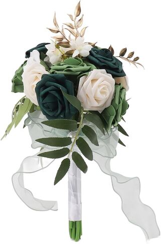 Bridal Bouquets for Bride,Wedding Bouquets Silk Plastic Realistic Romantic Hand Bouquet for Valentine's Day Party Church(Green+White) in Saudi Arabia