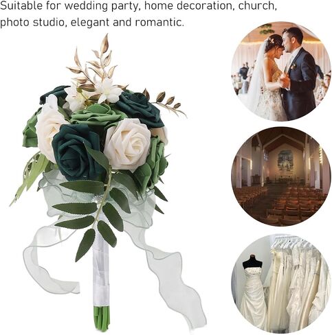Bridal Bouquets for Bride,Wedding Bouquets Silk Plastic Realistic Romantic Hand Bouquet for Valentine's Day Party Church(Green+White) in Saudi Arabia