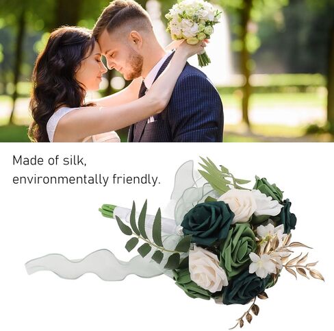 Bridal Bouquets for Bride,Wedding Bouquets Silk Plastic Realistic Romantic Hand Bouquet for Valentine's Day Party Church(Green+White) in Saudi Arabia