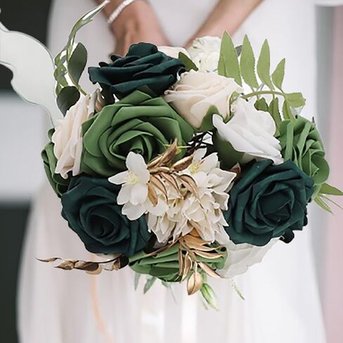 Bridal Bouquets for Bride,Wedding Bouquets Silk Plastic Realistic Romantic Hand Bouquet for Valentine's Day Party Church(Green+White) in Saudi Arabia