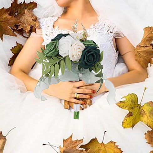Bridal Bouquets for Bride,Wedding Bouquets Silk Plastic Realistic Romantic Hand Bouquet for Valentine's Day Party Church(Green+White) in Saudi Arabia